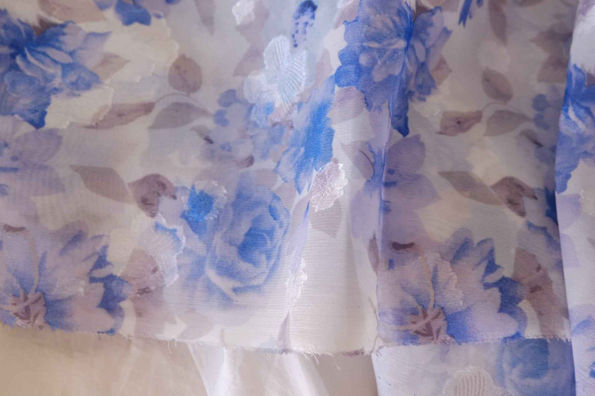 Watercolor Blue Floral Jacquard Organza Fabric – 3.3 yd