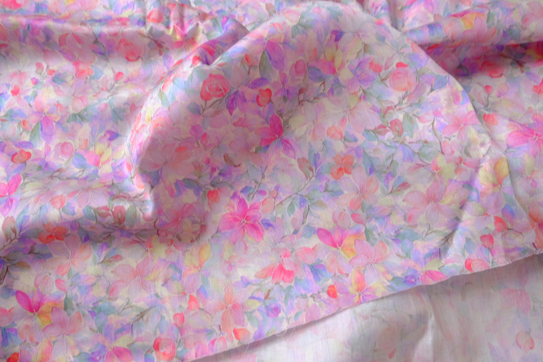 Watercolor Pink Floral Silky Cotton Sateen Fabric - 1.64 yd