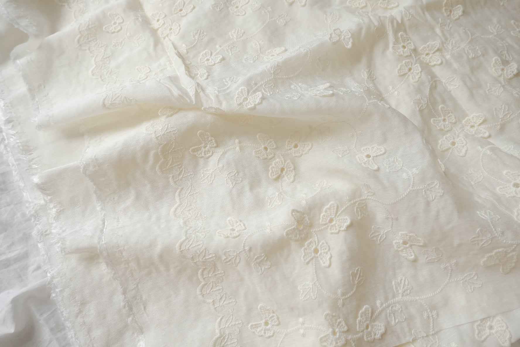 Ivory Floating Floral Embroidered Tencel Cotton Fabric, Romantic Semi-Sheer Dress Weight, 2.19 Yards