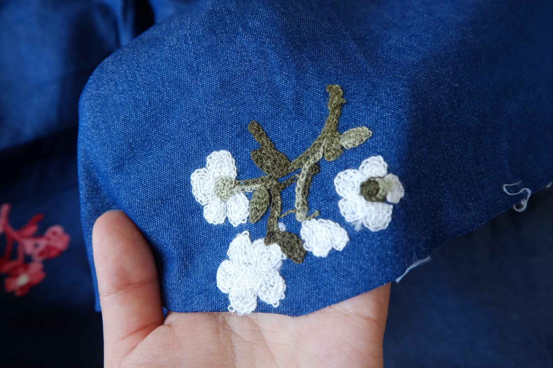 Indigo Embroidered Cotton Denim Fabric - 2.19 yd