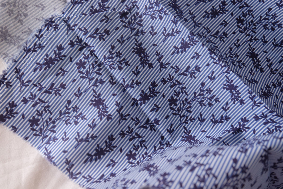 Blue Stripe Floral Cotton Lawn — 2.19 yd