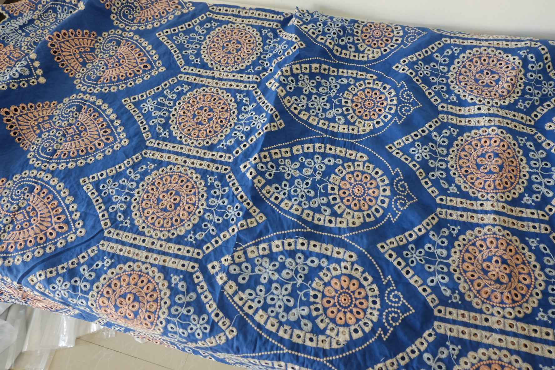 Heavy Embroidered Cotton Fabric – Blue Geometric Boho Design – 3.1 yd