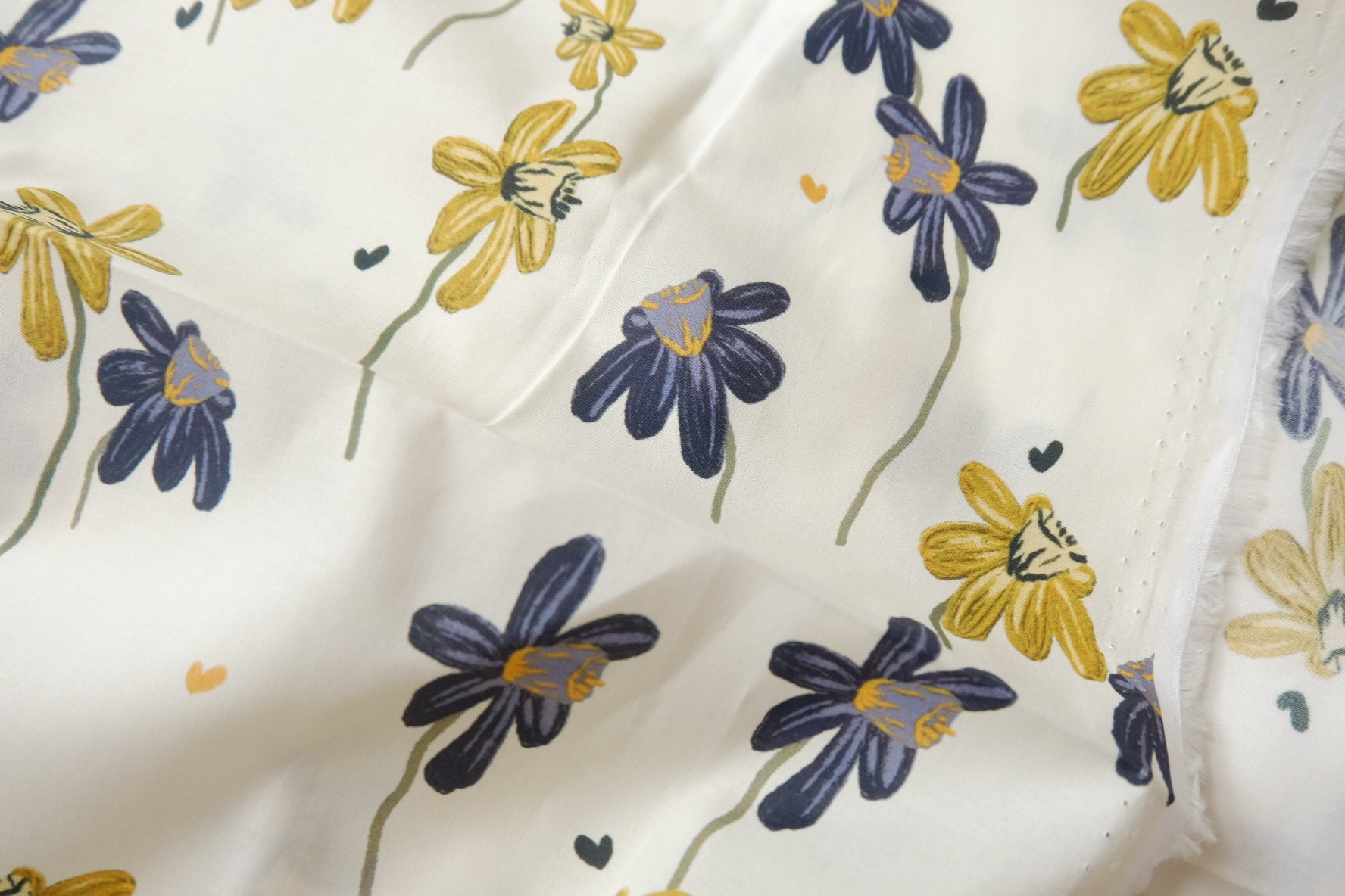 Hand-Drawn Yellow & Navy Floral Cotton Lawn Fabric - 3.28 yd