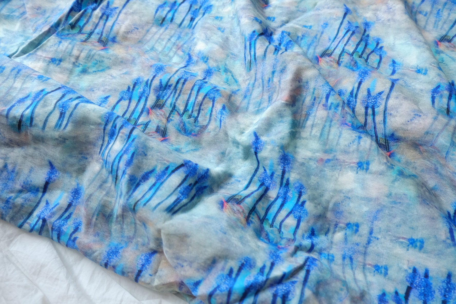 Blue Watercolor Abstract Floral Tencel Linen Blend — 2.19 yd