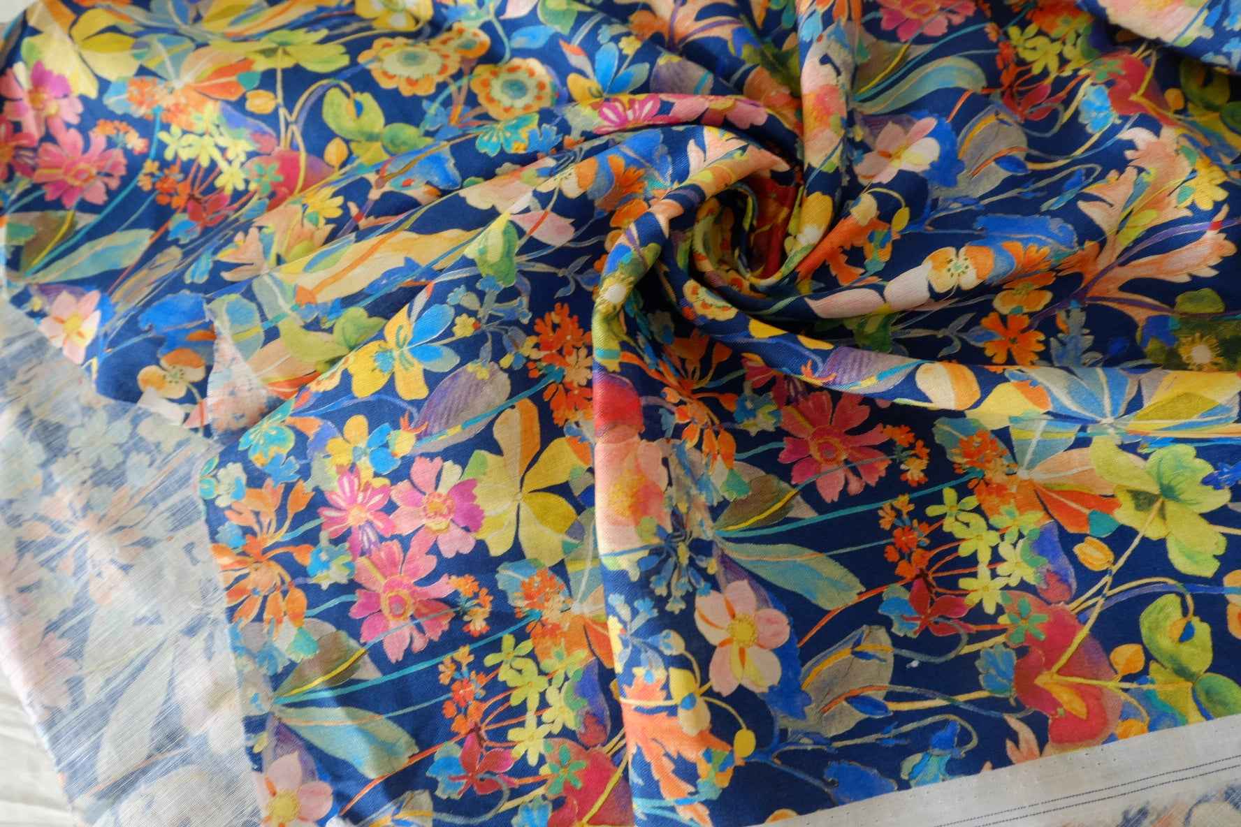 Blue Painterly Floral Pure Linen — 2.19 yd