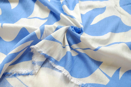 Sky Blue Leaf Tencel Linen Fabric, Lightweight Summer Dress Weight, 3.28 Yards