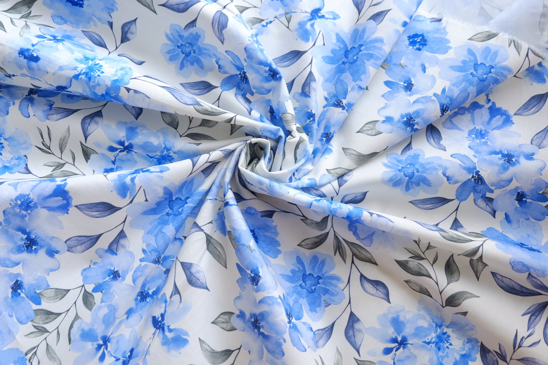Blue Watercolor Floral Stretch Cotton Poplin – 2.2 yd