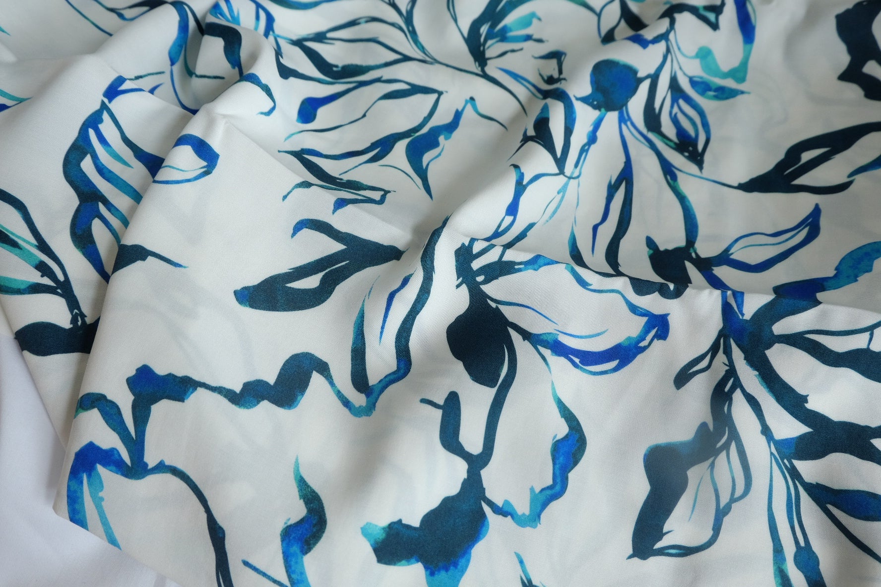 Blue Ink Botanical Silky Rayon Fabric - 2.19 yd