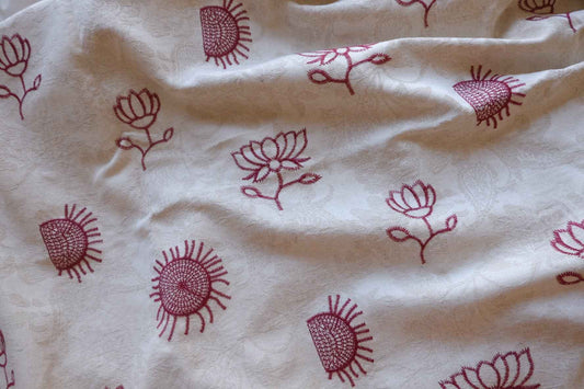 Burgundy Folk Floral Embroidered Jacquard Cotton Linen Fabric – 2.19 yd