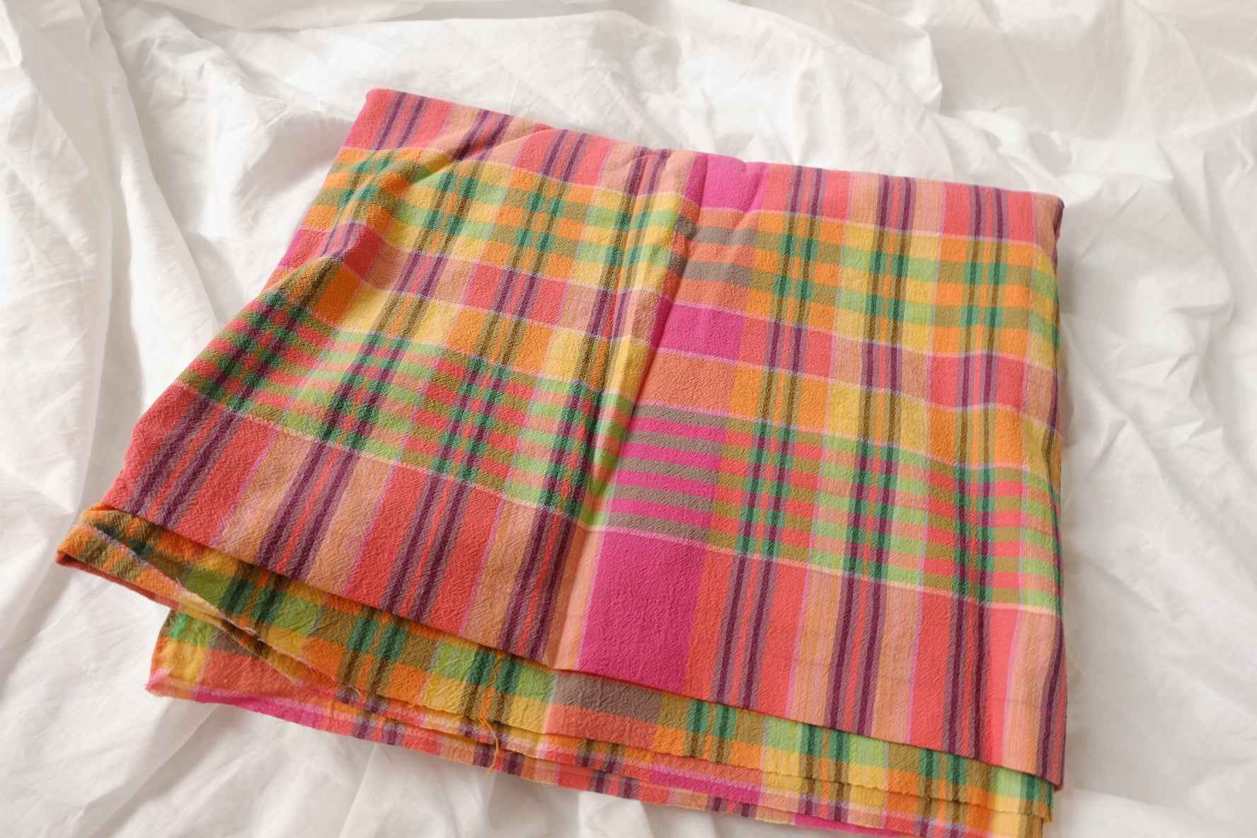 Vietnamese-Inspired Plaid Washed Linen Cotton Fabric, Textured Summer Check, 2.19 Yards