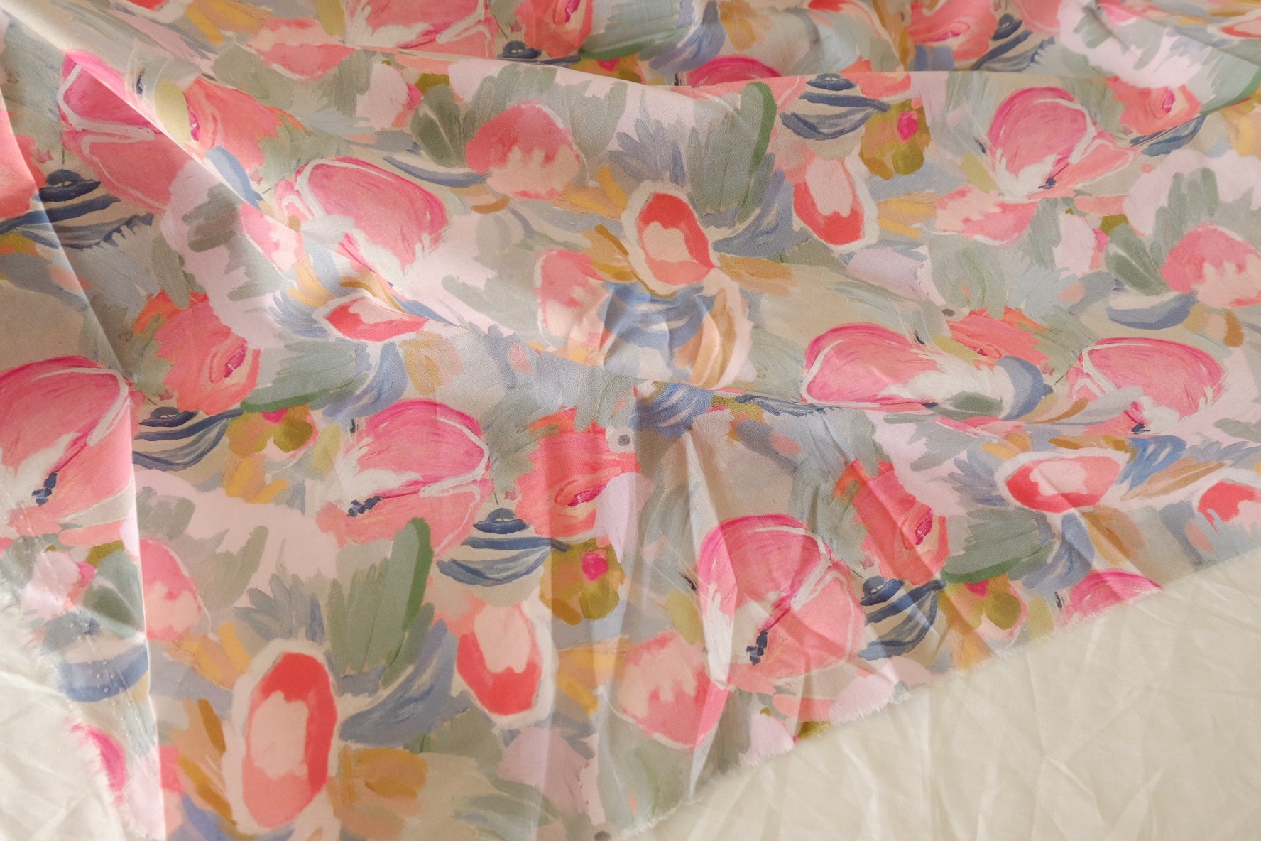 Coral Rose Painted Bouquet Cotton Lawn Fabric – 3.83 yd Piece