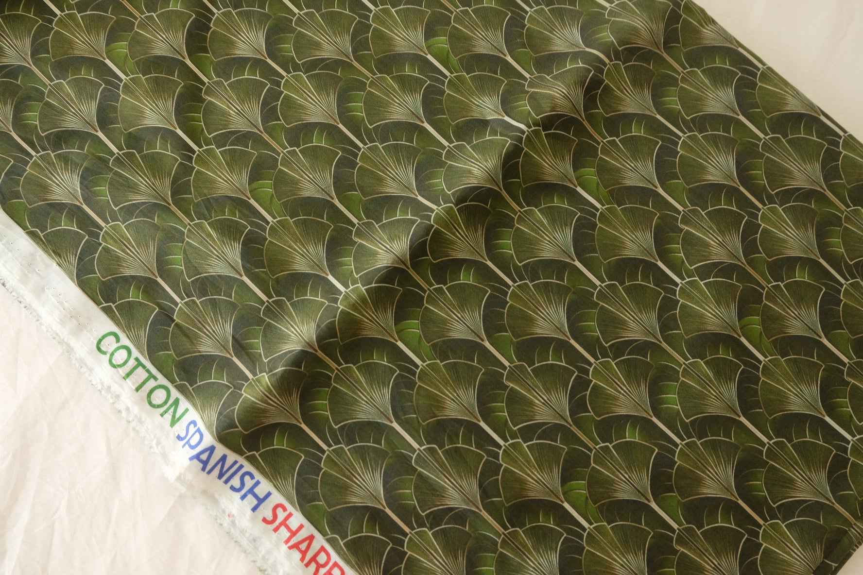 Green Fan Leaf Geometric Cotton Lawn Fabric –  3.3 yd