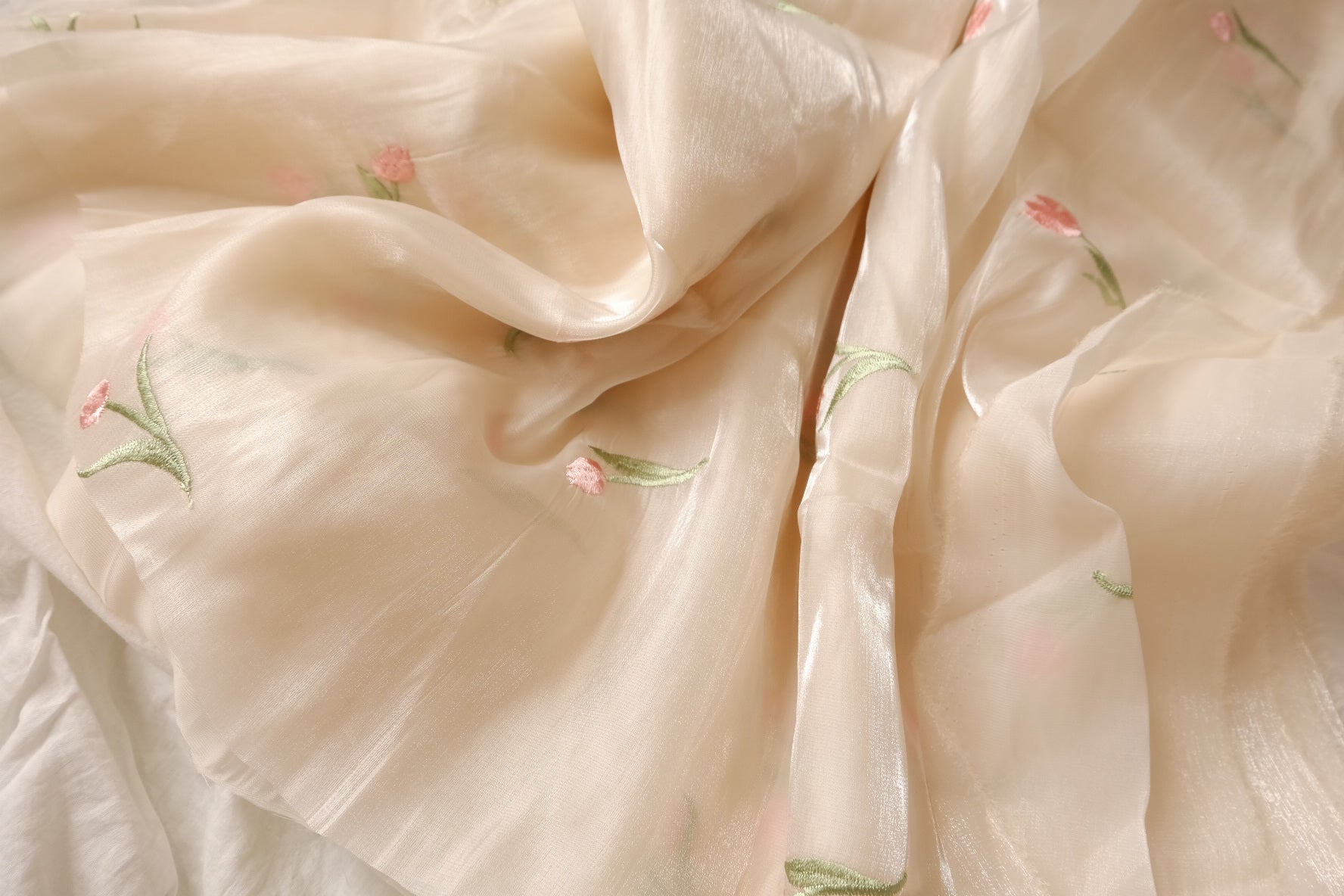 Champagne Tulip Embroidered Sheer Fabric, Soft & Shimmery, 3.3 Yards