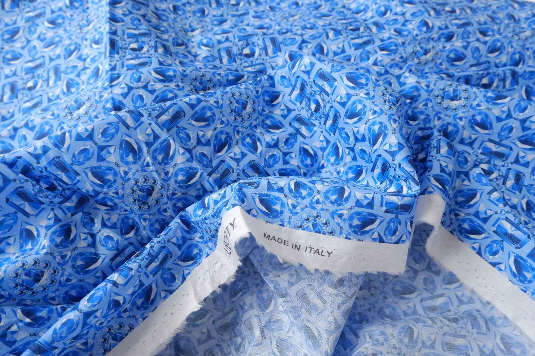 Blue Jewel Print Cotton Poplin Fabric, Smooth Lightweight Shirting, 3.17 Yards