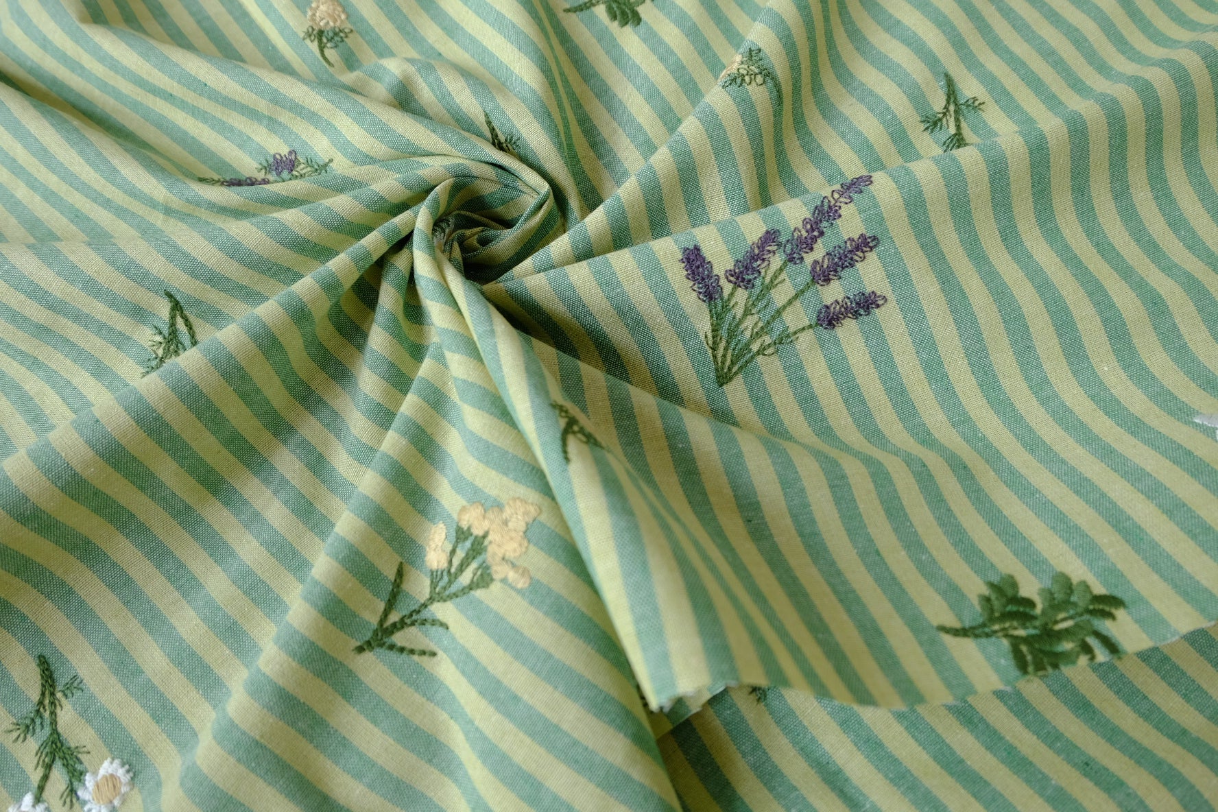 Striped Floral Embroidered Linen-Look Cotton Blend Fabric, 2.2 Yards