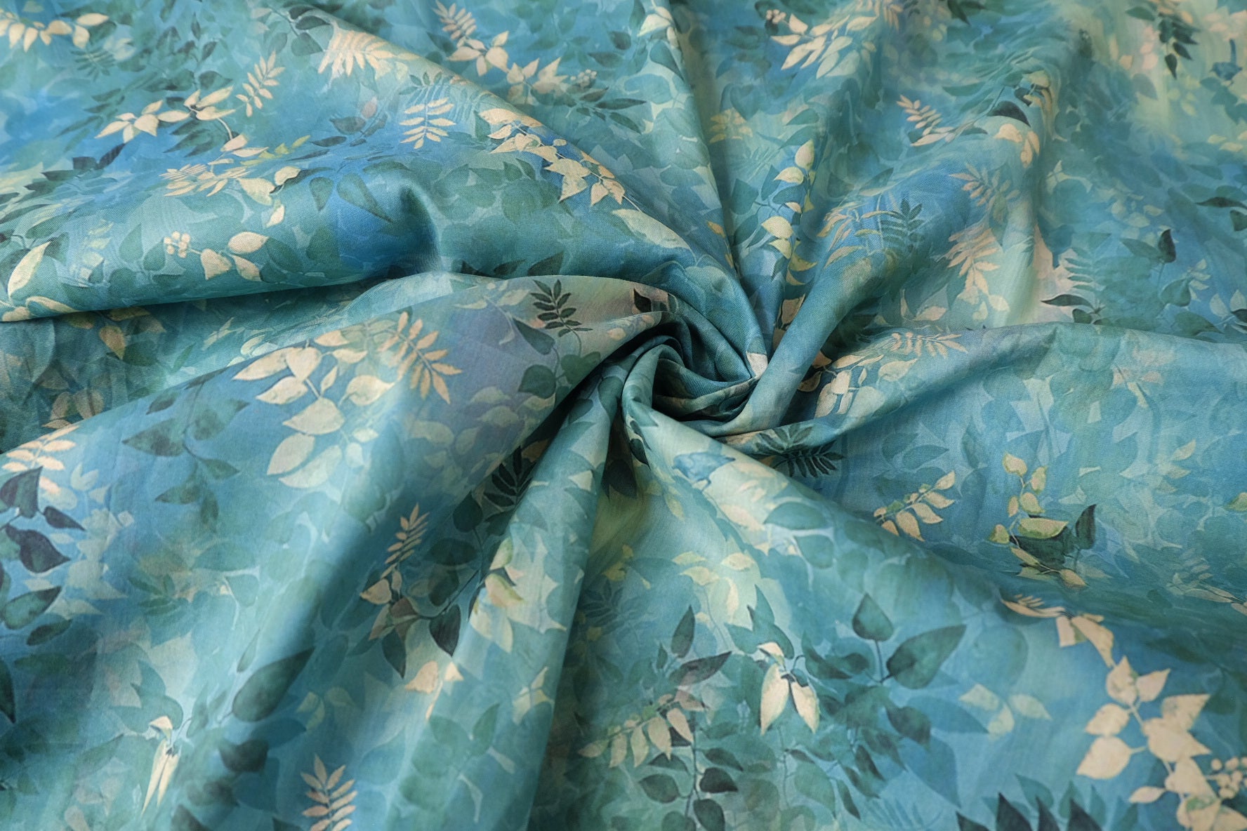 Blue Green Watercolor Leaf Cotton Lawn — 2.19 yd
