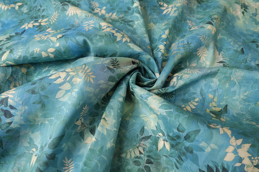 Blue Green Watercolor Leaf Cotton Lawn — 2.19 yd