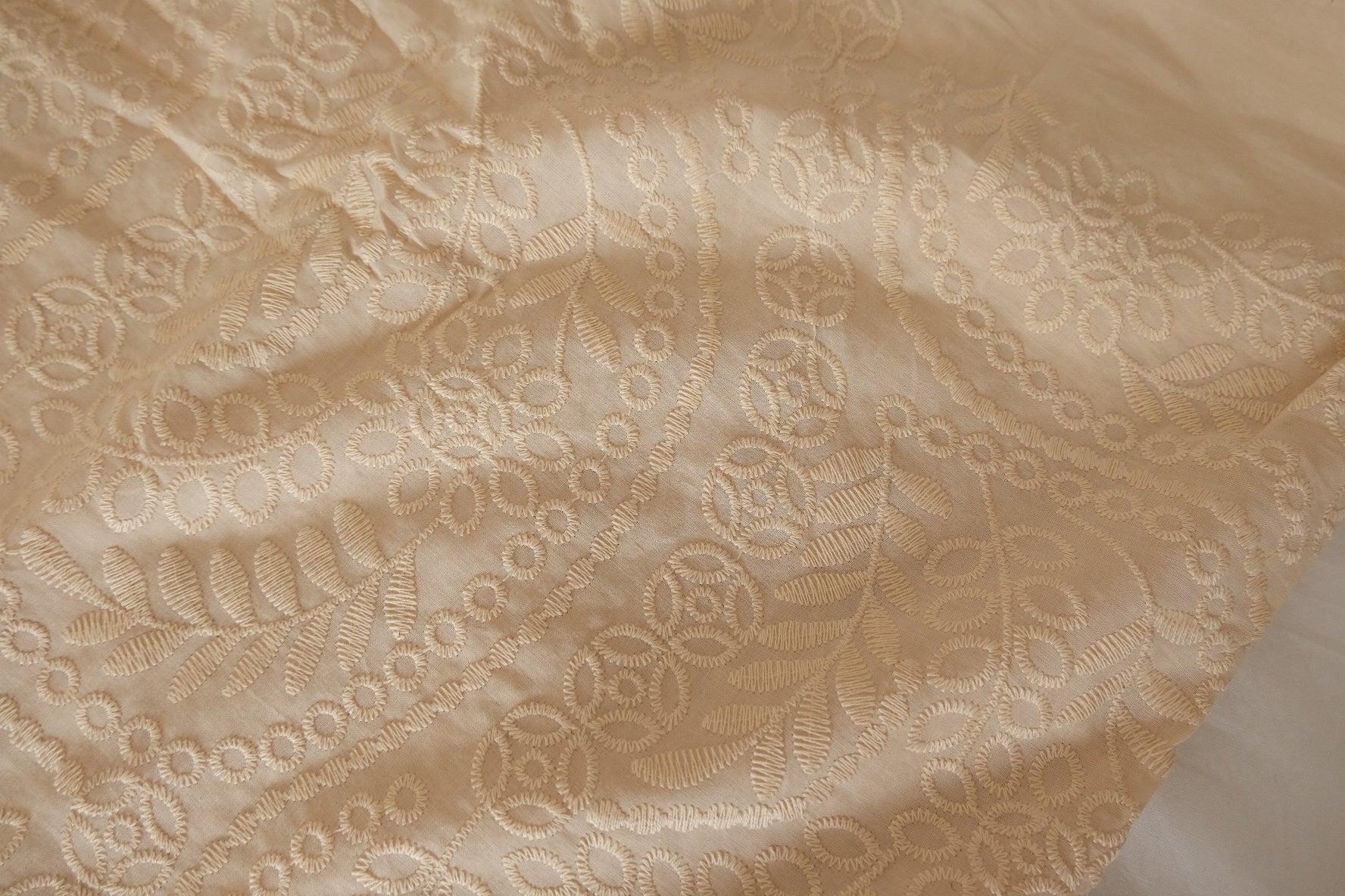 Cream Textured Embroidered Cotton Fabric – Structured Floral Paisley – 2.2 yd