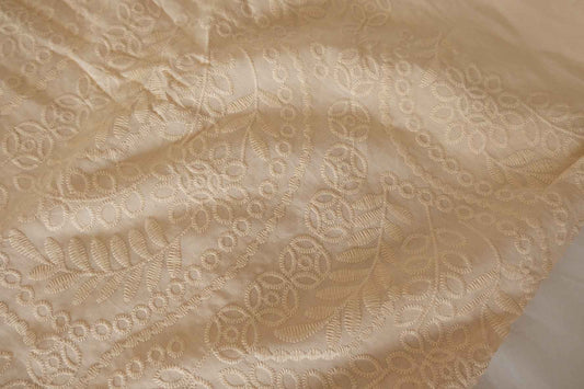 Cream Textured Embroidered Cotton Fabric – Structured Floral Paisley – 2.2 yd