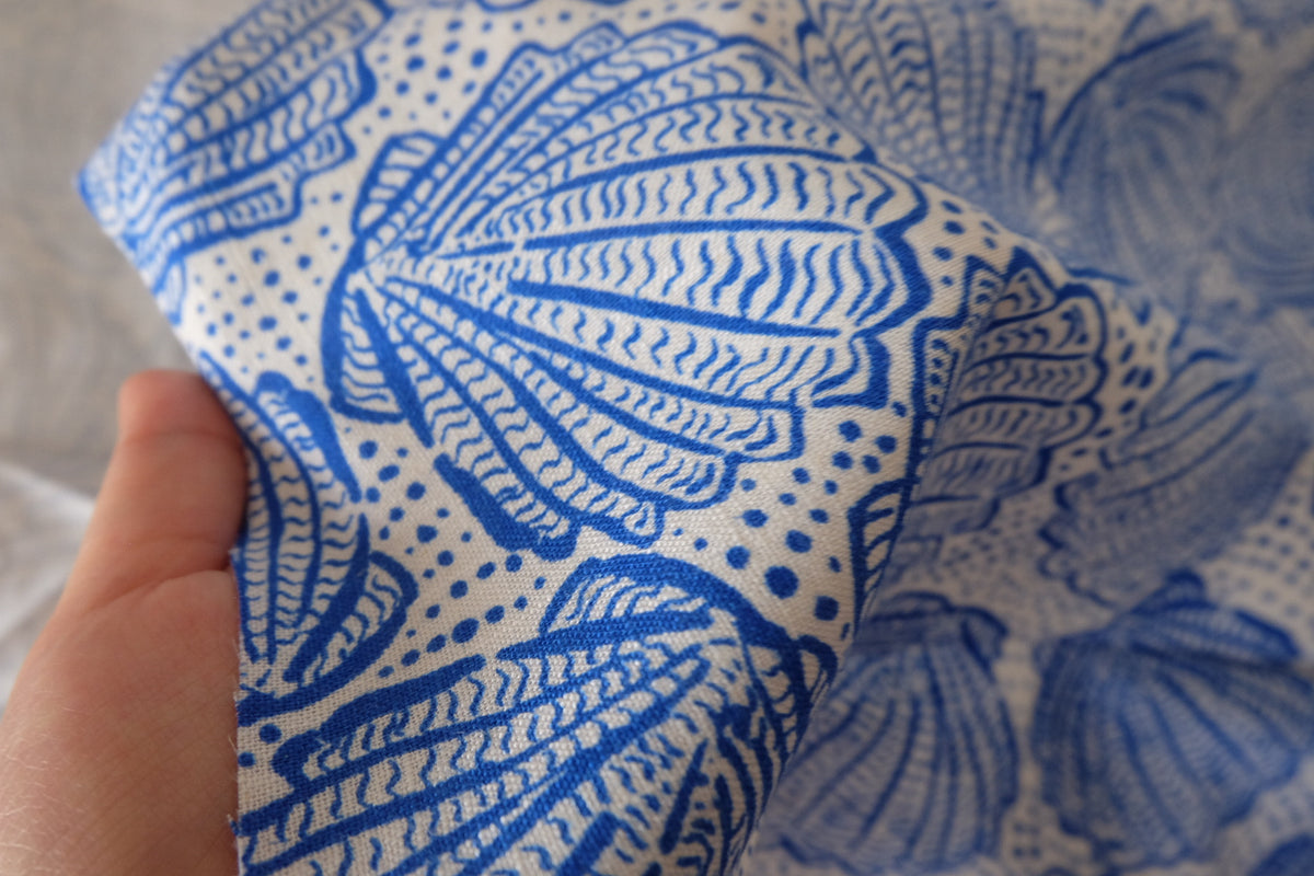 Blue Seashells – Cotton Linen Blend with Removable Backing – 2.2 yd