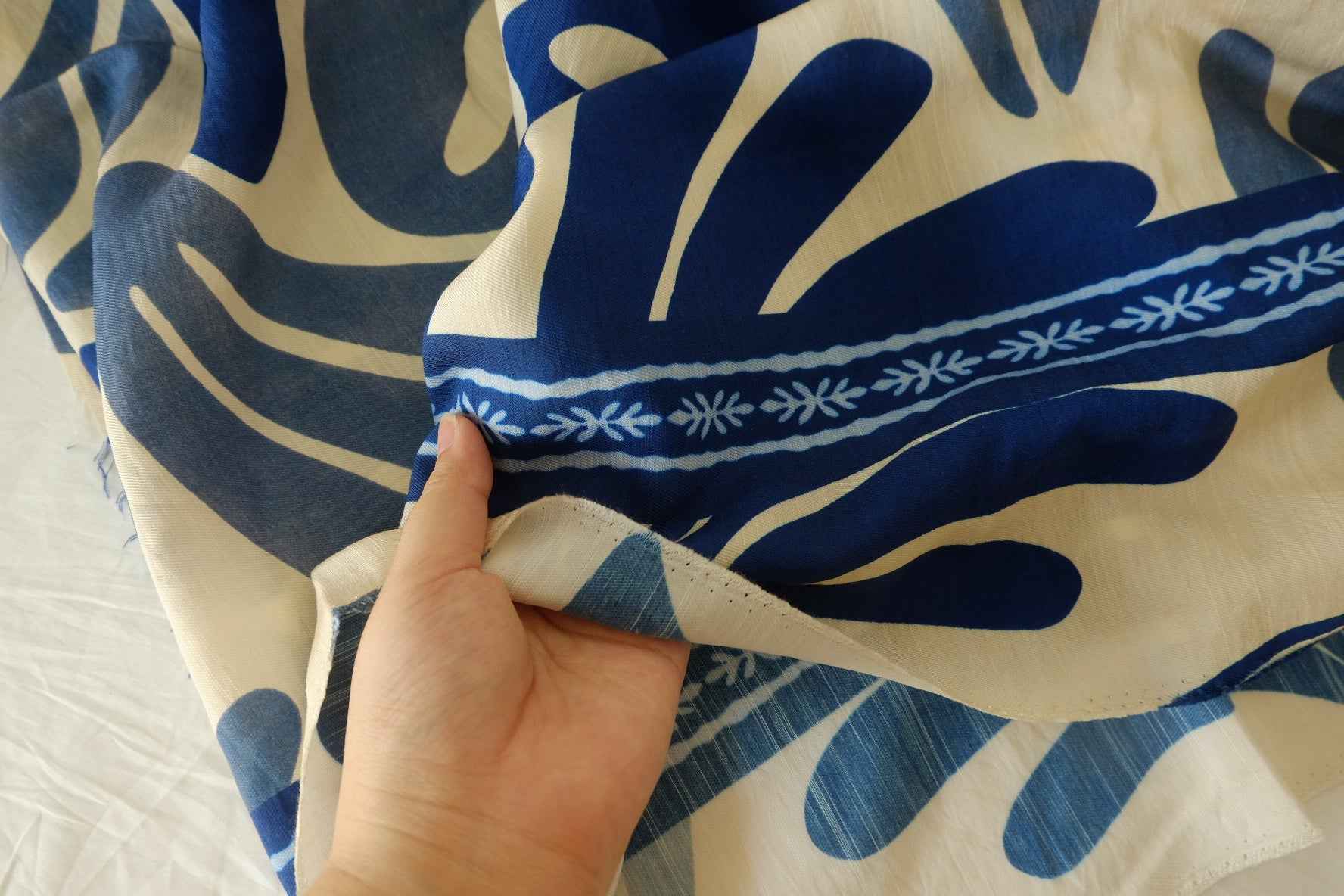 Blue Botanical Slub Tencel-Linen Border Print Fabric – 3.3 yd