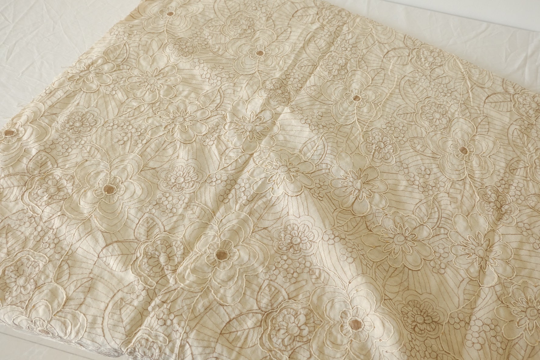 Ivory Dimensional Floral Embroidered Cotton Linen Fabric with Sequins – 1.53 yd Piece