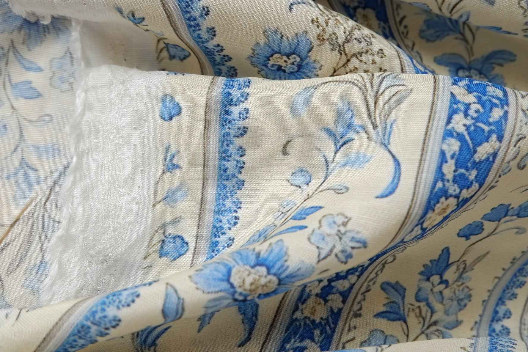 Porcelain Blue Floral Stripe Rayon Linen Fabric, Soft Airy Summer Weight, 2.41 Yards