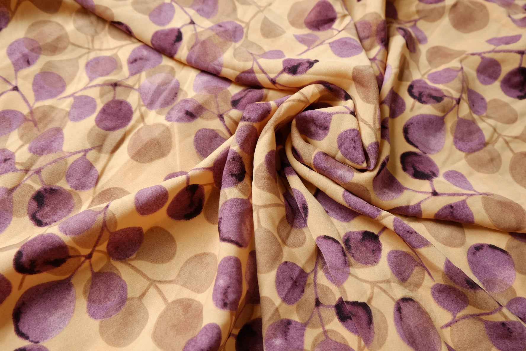 Watercolor Purple Leaf Chiffon Satin Fabric - 2.30 Yards