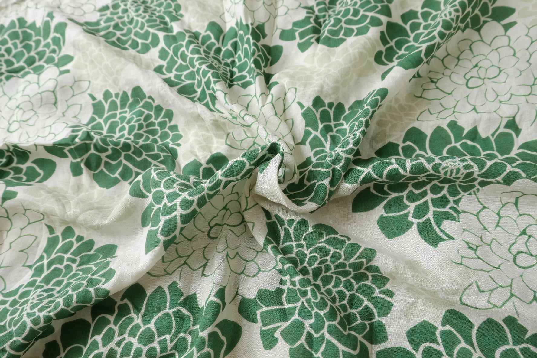 Soft Green Floral Linen Cotton Fabric, Lightweight Summer Weight, 3.06 Yards