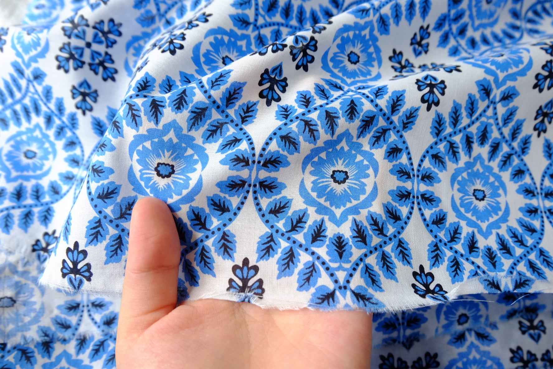 Blue Folk Floral Cotton Fabric - 2.19 Yards