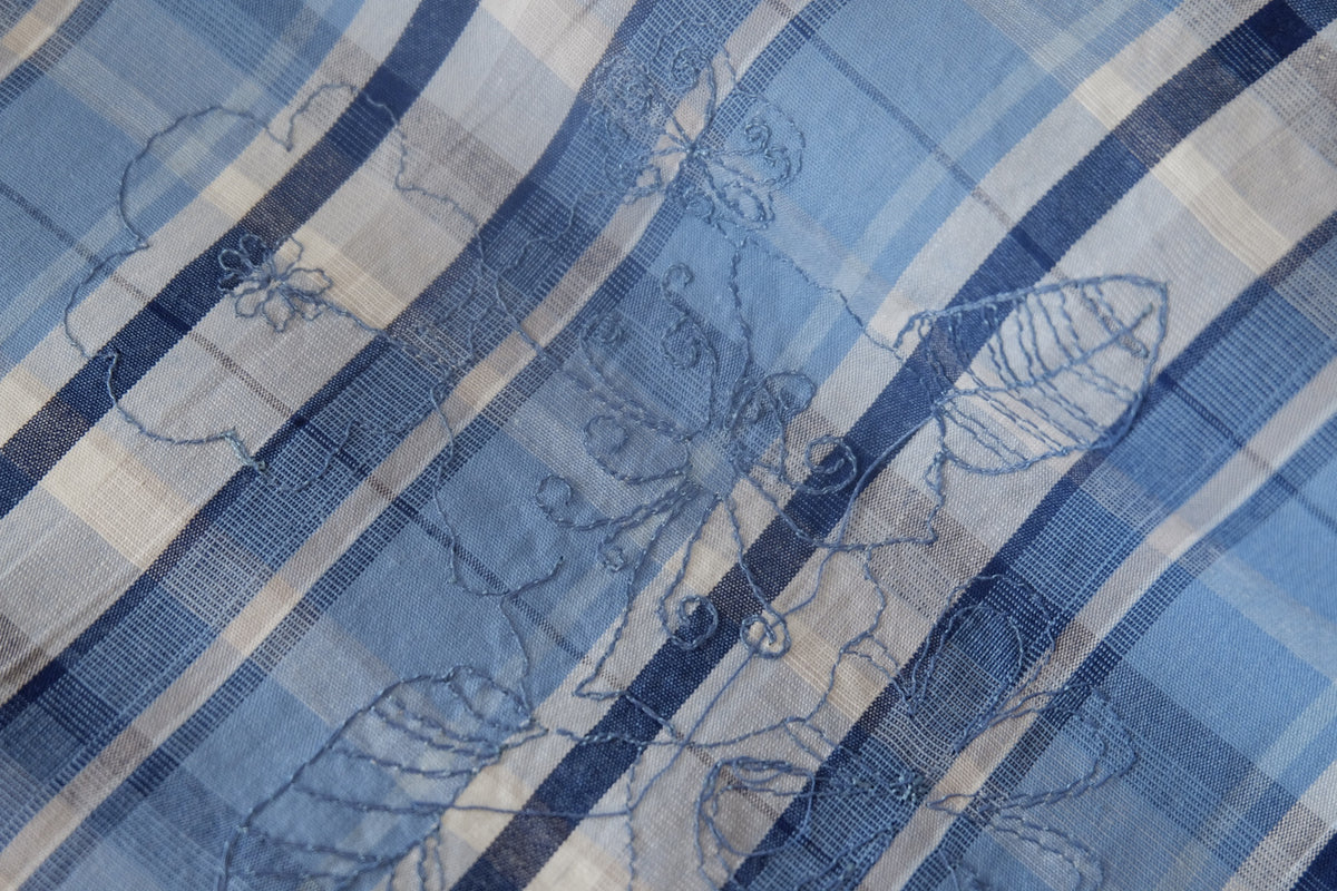 Blue Embroidered Plaid Yarn-Dyed Cotton – 1.6 yd