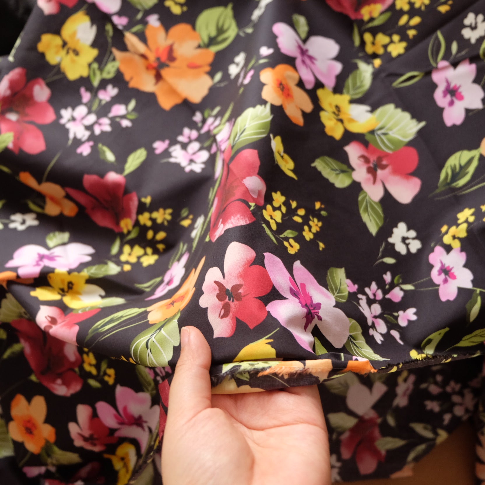 Dense Cotton Poplin Floral Fabric – Black Ground Dress Cotton