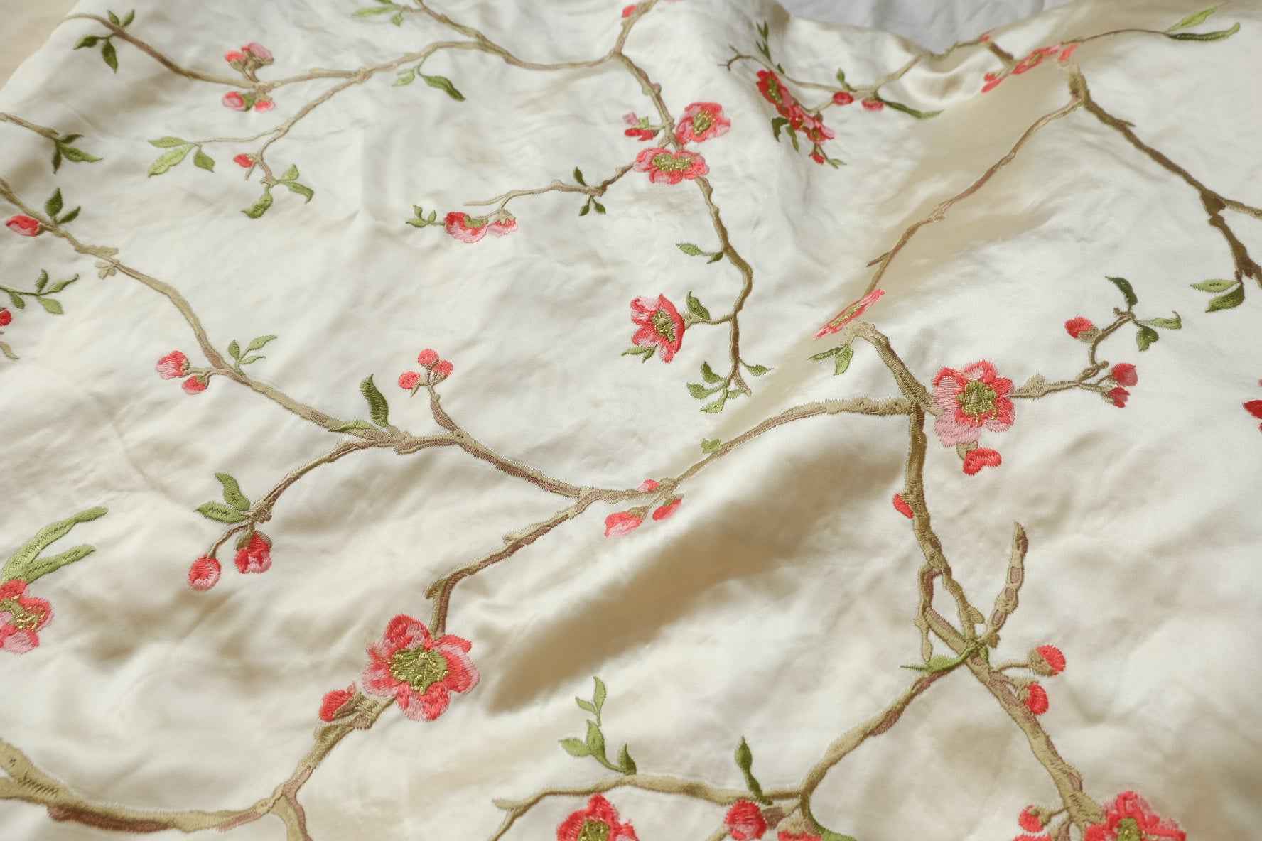 Embroidered Blossom Satin Fabric, Ivory Floral Branches,  2.19 Yards