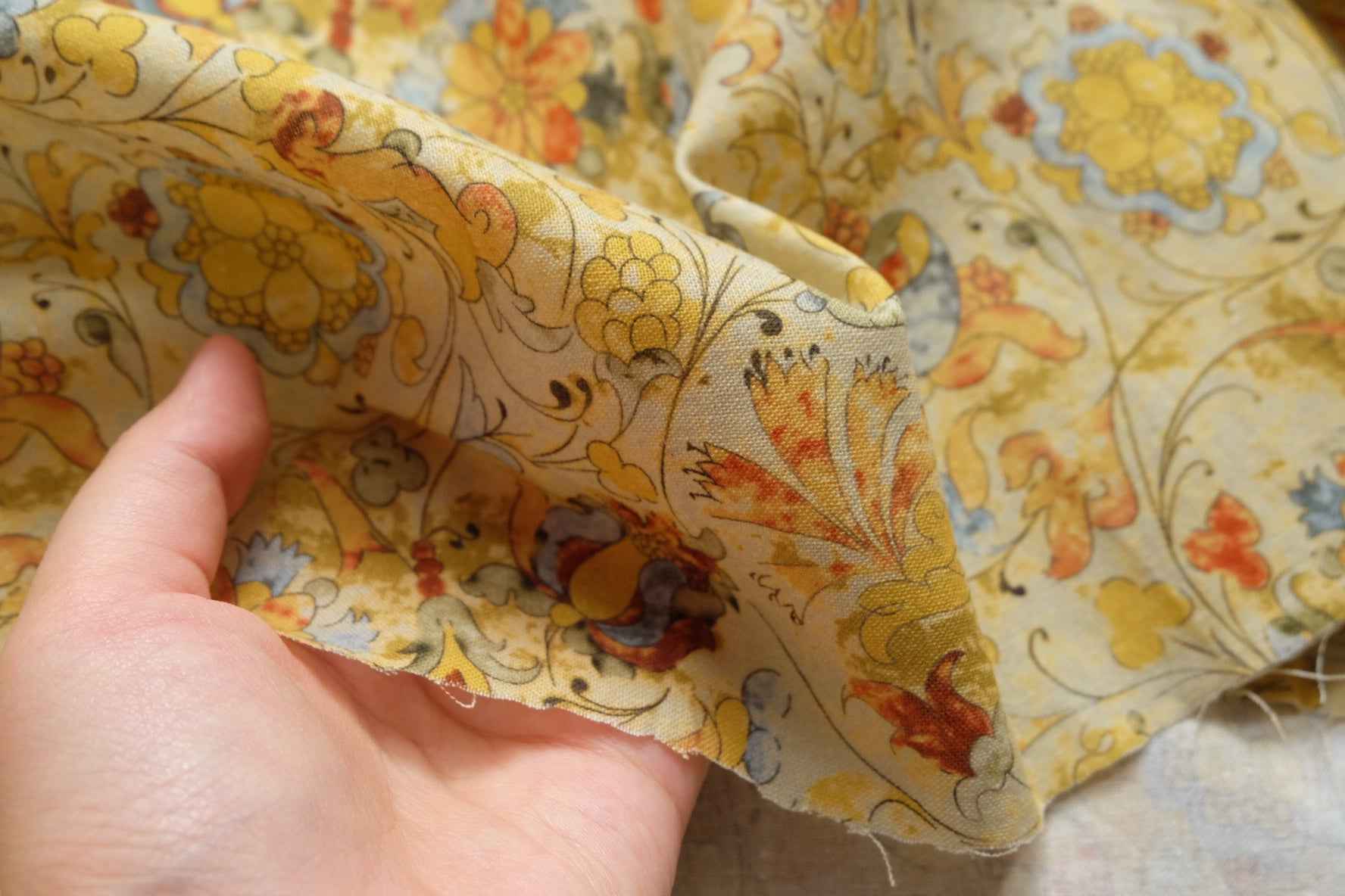 Vintage Ornamental Cotton Linen Fabric, Structured Dress and Skirt Weight, 3.28 Yards
