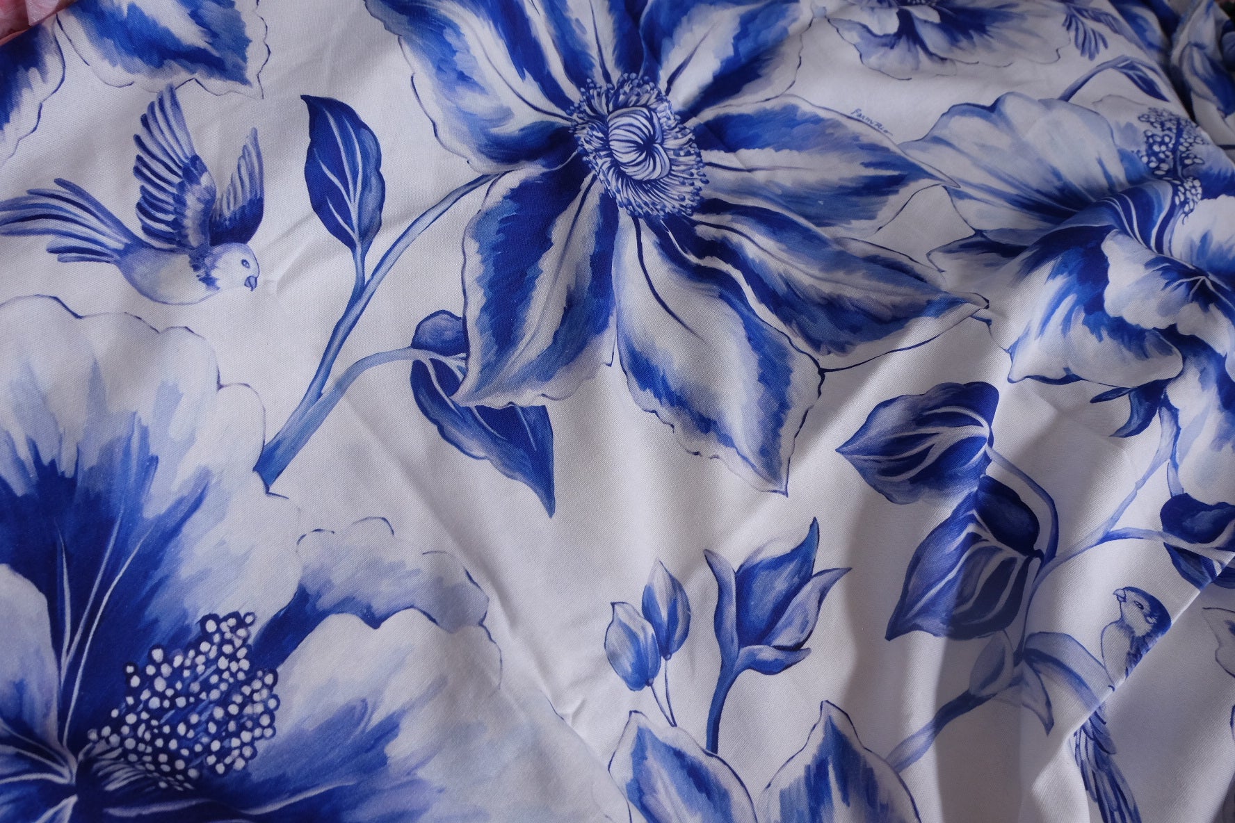 Blue Watercolor Floral Linen Deadstock Fabric - 2.73 yd