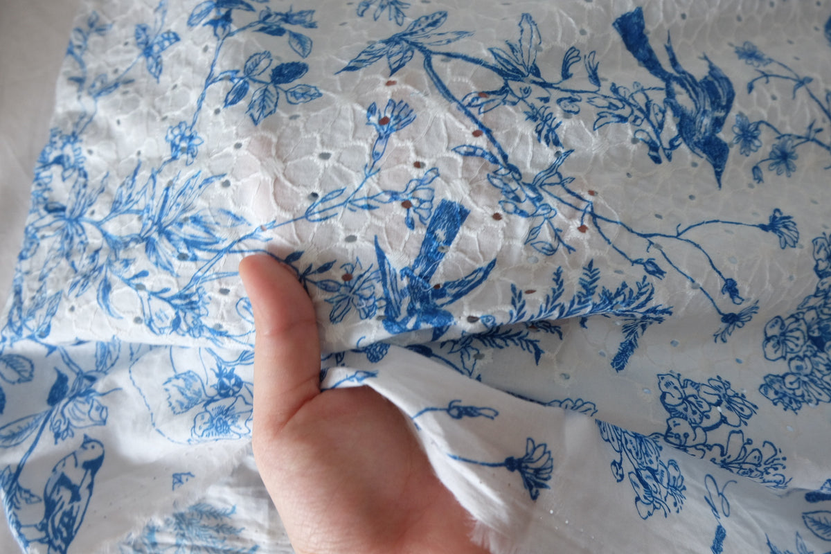 Blue Floral Bird Cotton Eyelet Fabric – 2.6 yd