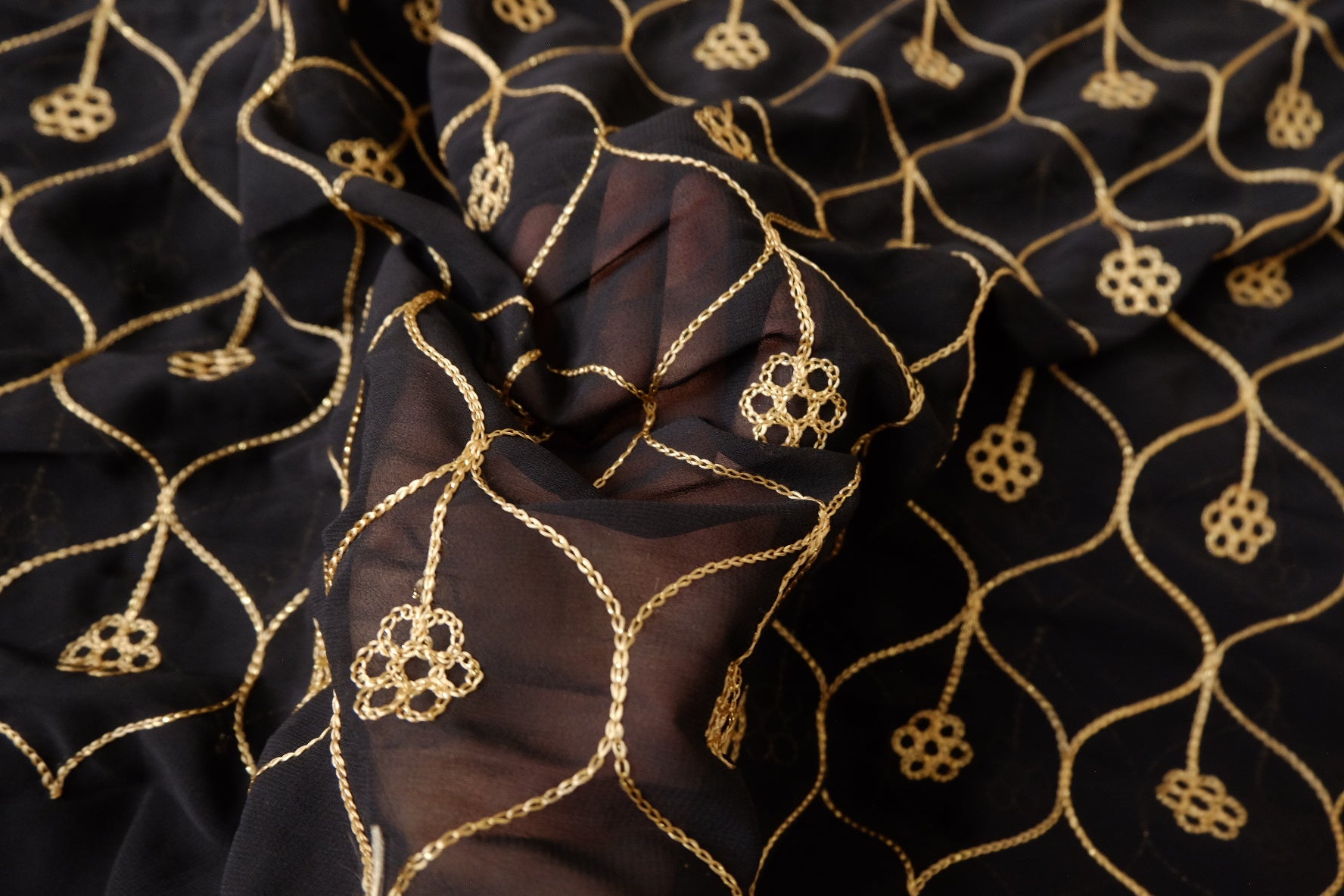 Gold Embroidered Sequin Mesh Fabric, 3.28 Yards