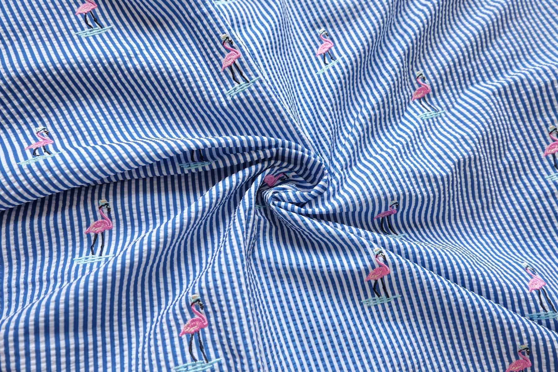 Flamingo Embroidered Seersucker-Texture Fabric - 1.09 yd