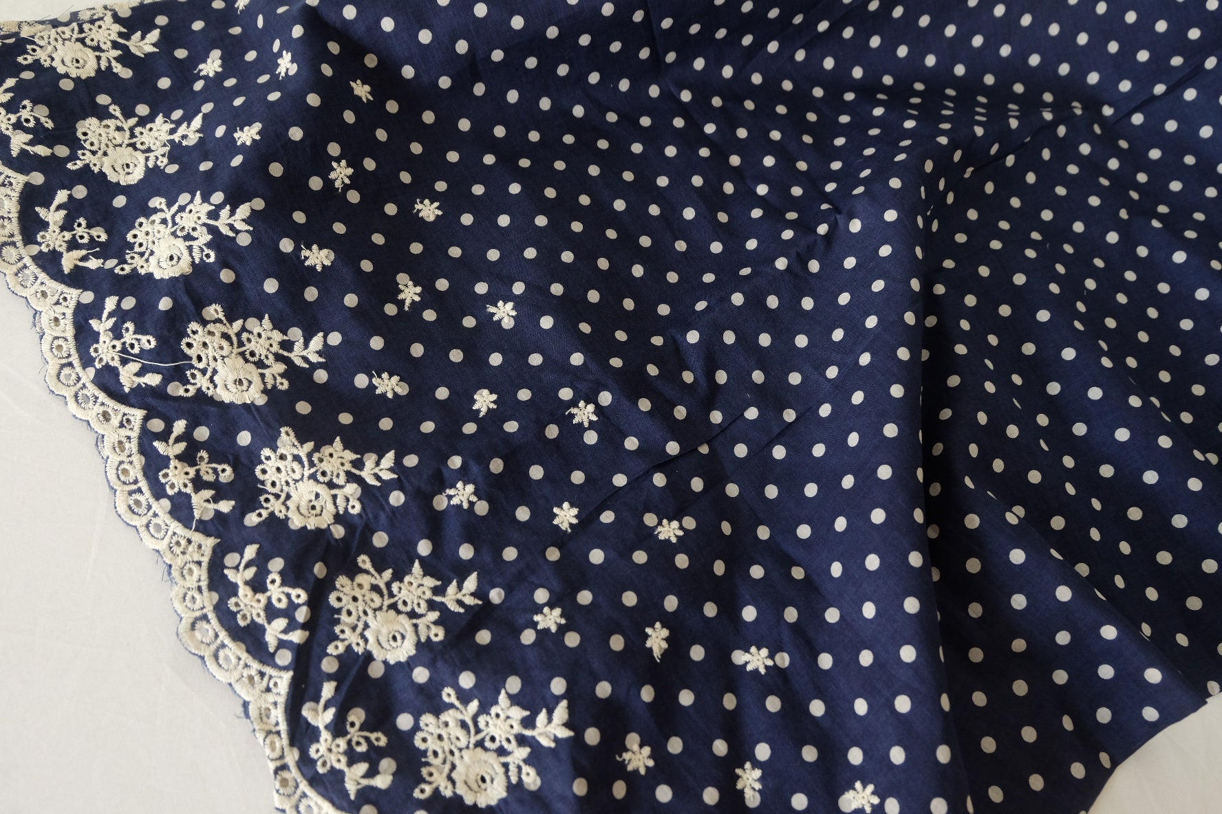 Navy Polka Dot Double Border Embroidered Cotton Poplin-2.2 yds