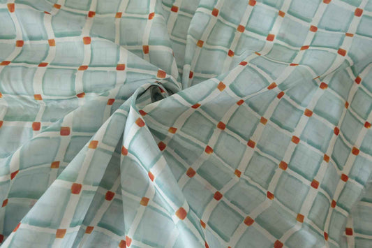 Airy Aqua Grid Cotton Voile Fabric – Ultra Lightweight & Slightly Sheer – 2.2 yd