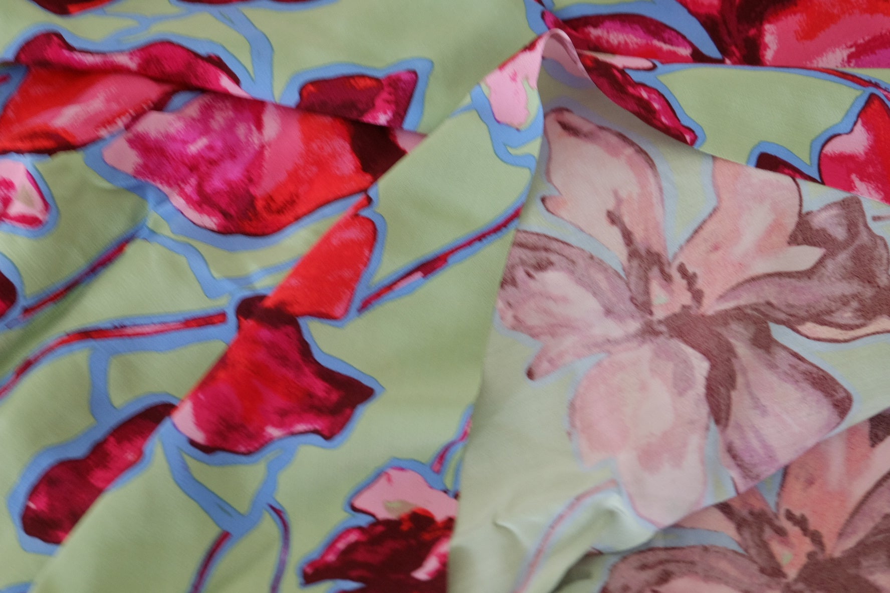 Designer Deadstock Rayon Fabric – Bold Floral Print on Sage Green – 2.7 yd