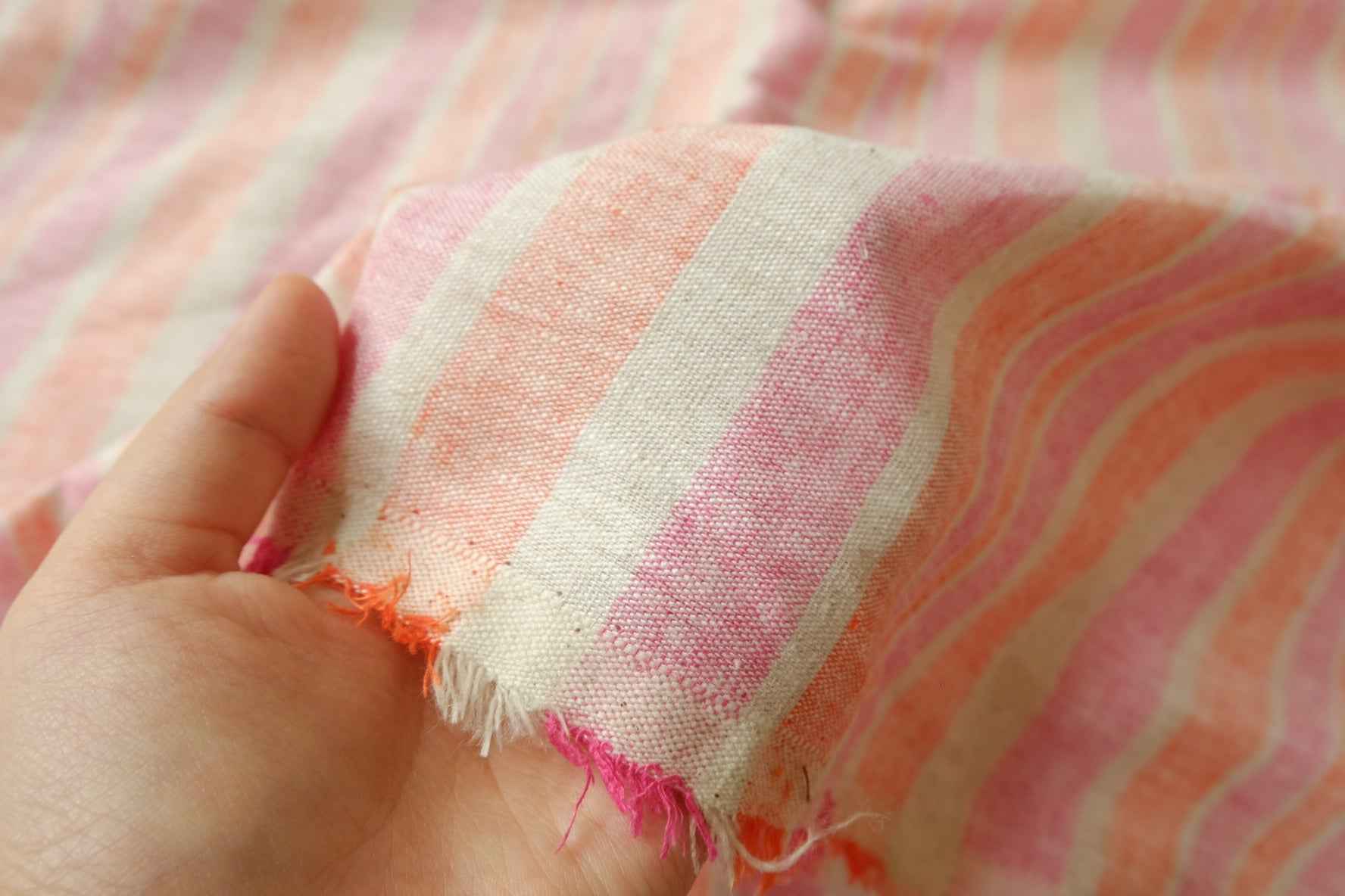 Pink Peach Yarn-Dyed Stripe Cotton Linen Fabric, Medium Weight, 1.64 Yards