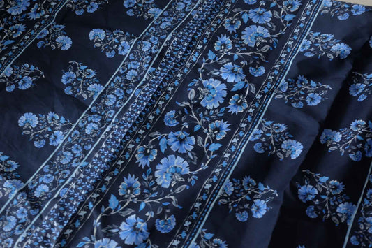 Navy Blue Floral Border Cotton Fabric – 3.3 yd