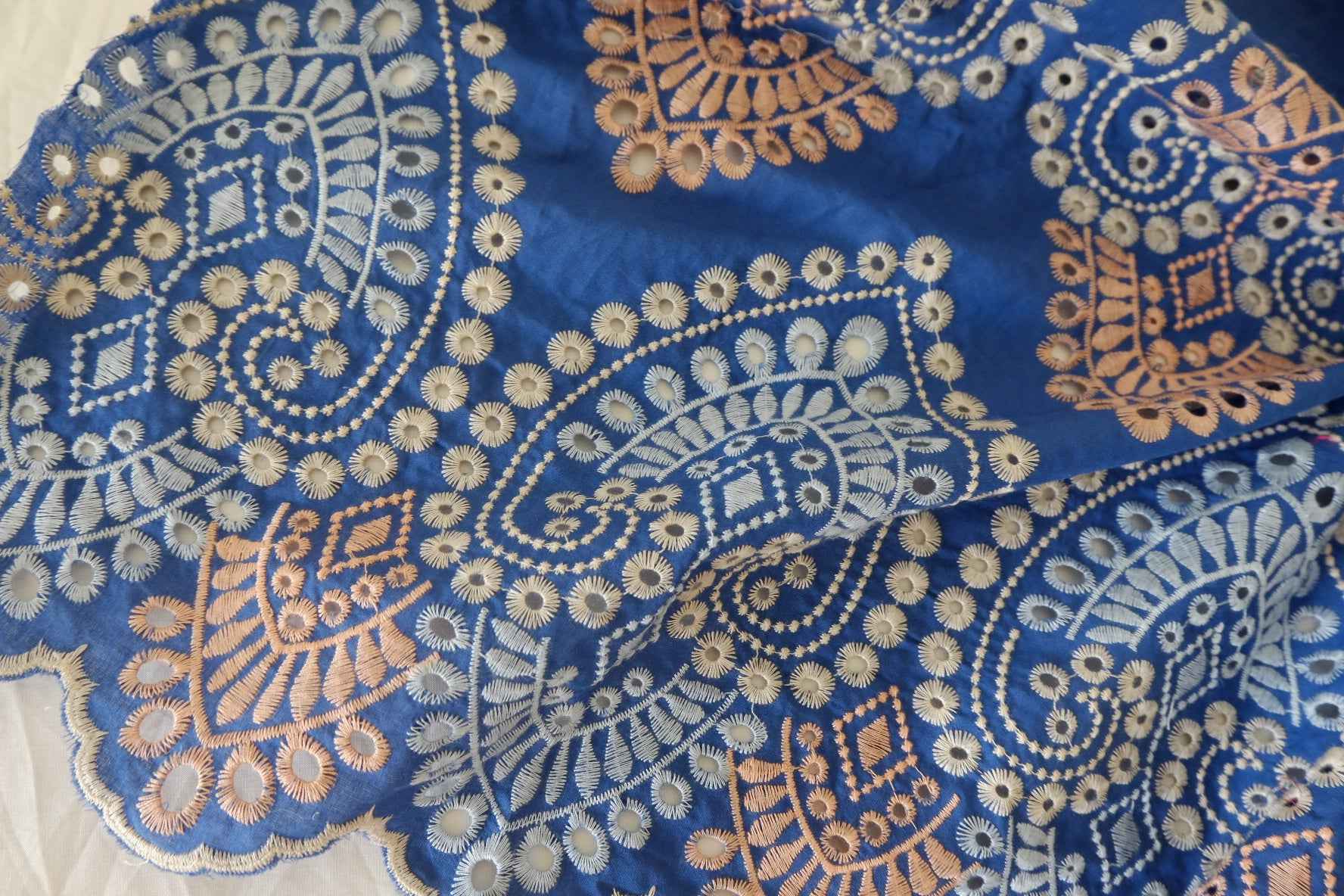 Heavy Embroidered Cotton Fabric – Blue Geometric Boho Design – 3.1 yd