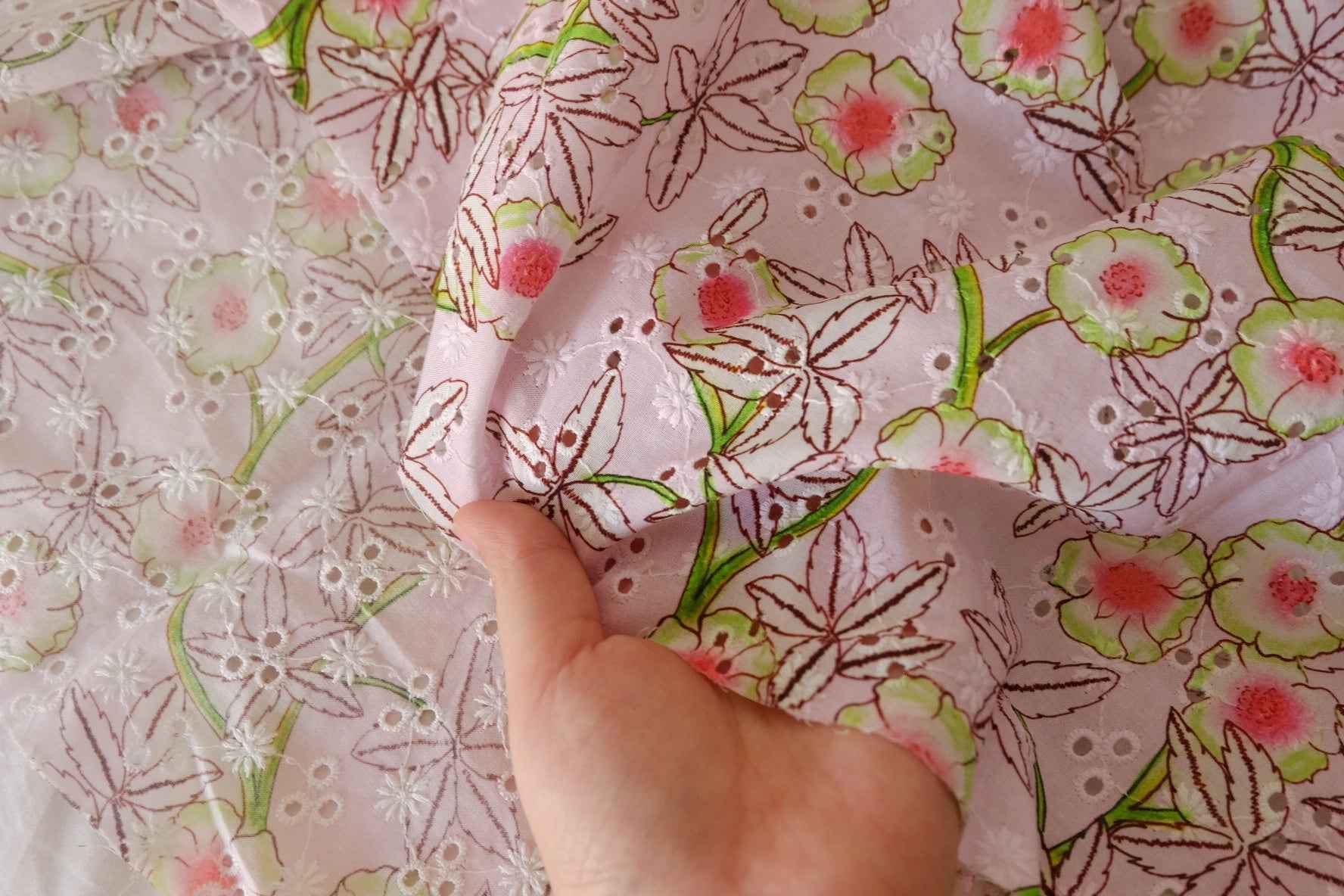 Pink Floral Eyelet Embroidered Cotton Fabric – 1.3 yd