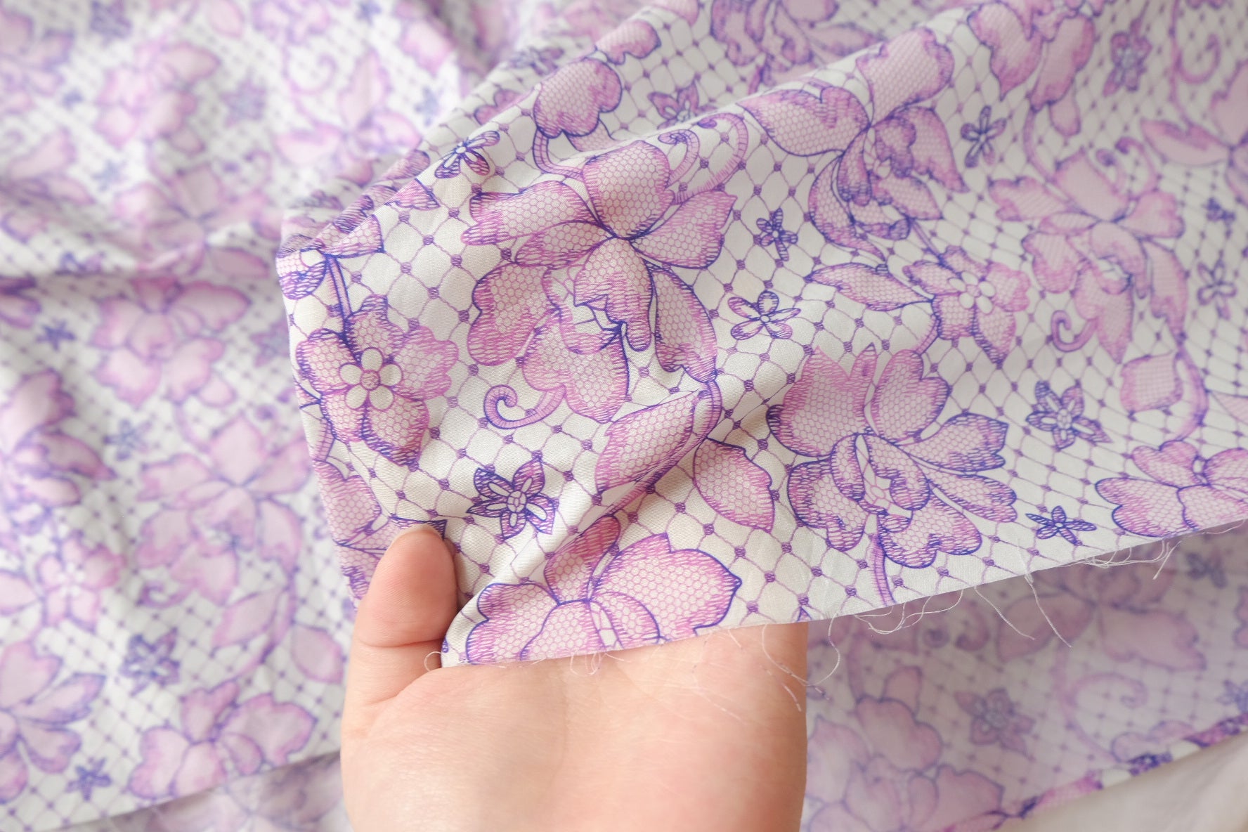 Violet Lace Floral Cotton Lawn Fabric - 1.64 yd
