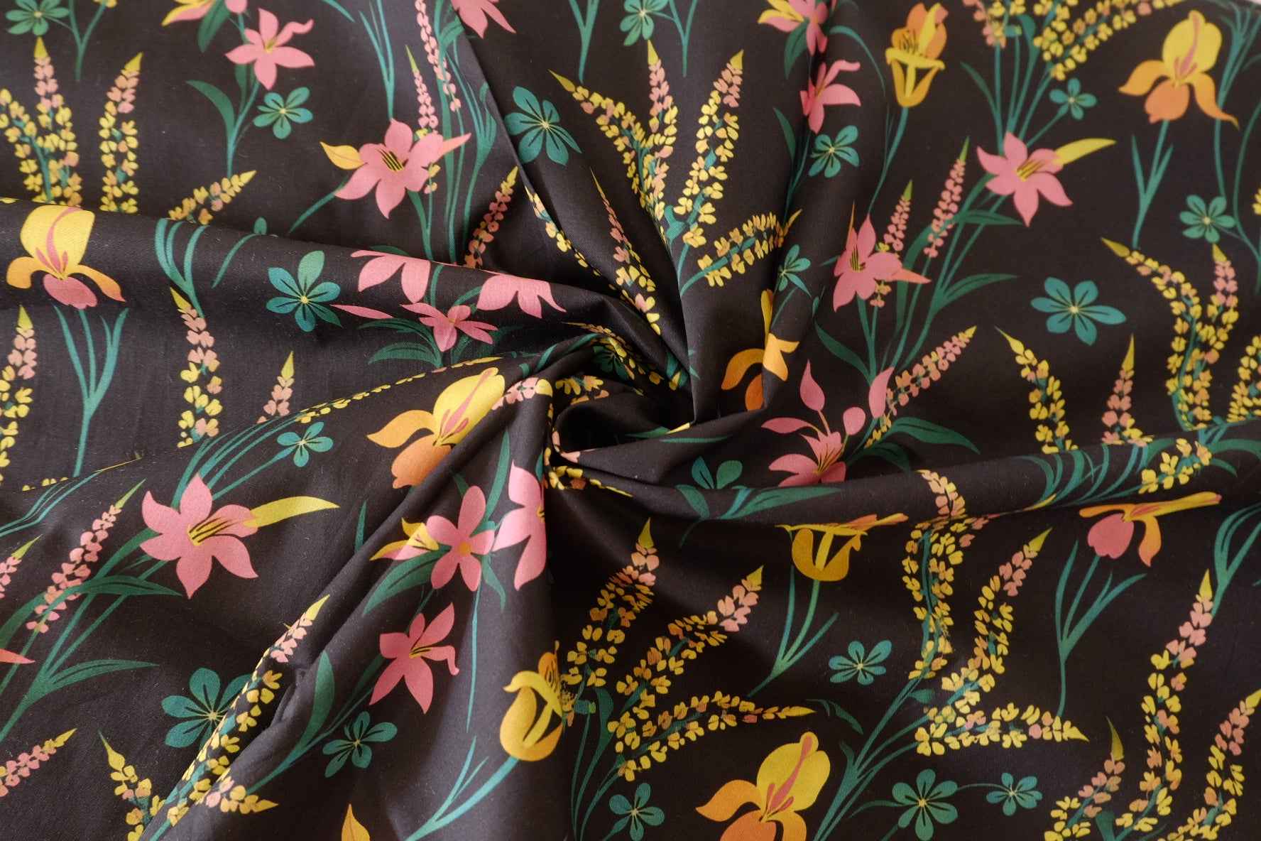 Black Floral Cotton Poplin Fabric – 2.2 yd