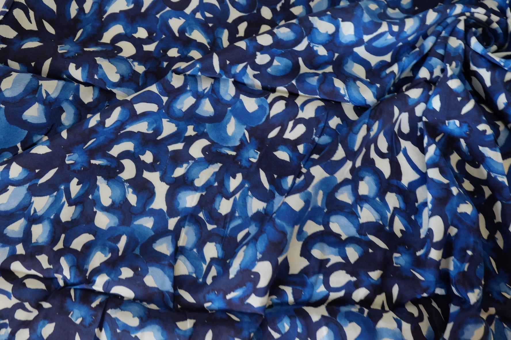 High-Drape Cupro Fabric – Abstract Blue Watercolor Floral Print-2.3 yd