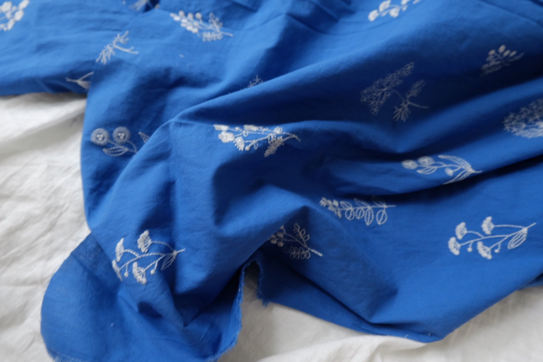 Blue Floral Embroidered Cotton Fabric — 1.64 yd