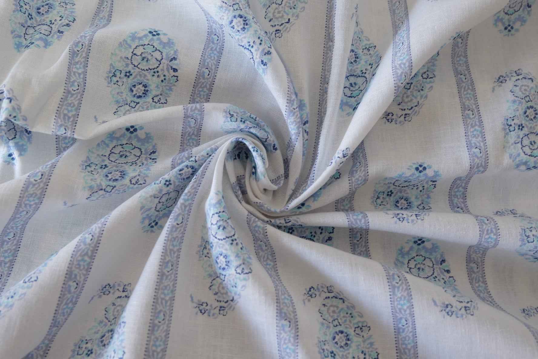 Blue Paisley Stripe Rayon Linen Fabric – 2.2 yd